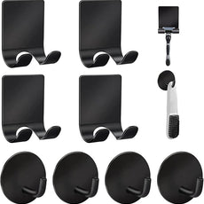 Diesisa Razor Holder for Shower + Adhesive Wall Hooks, Premium 304 Stainless Steel Shower Razor Holder with Heavy Duty Waterproof Sticky Hooks for Hanging Towels, Coat, hat (4+4 Pack) - Black