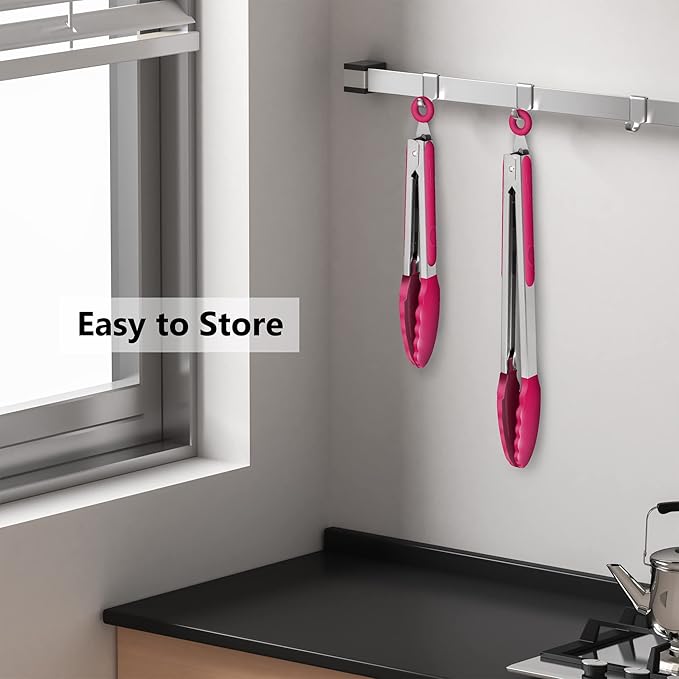 Premium Stainless Steel Food Tongs, 9-Inch & 12-Inch Wine Red Silicone BPA Free Non-Stick BBQ Cooking Grilling Locking Kitchen Tong