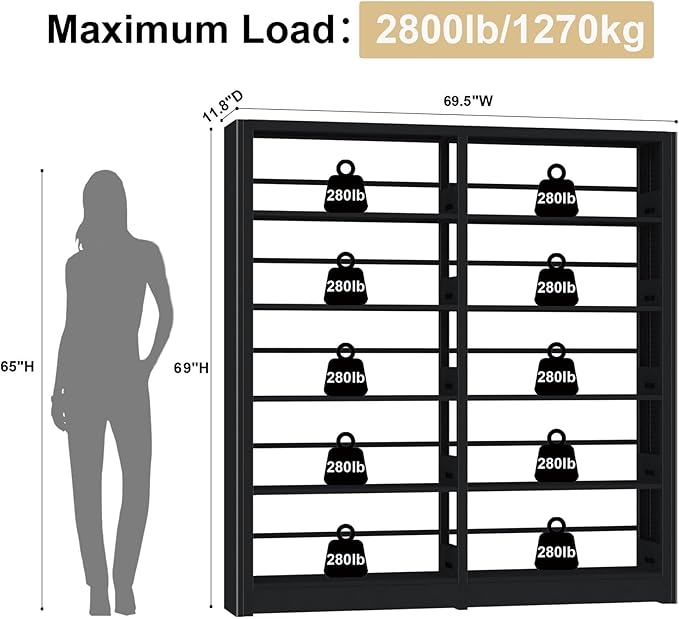 5 Tier Metal Bookshelf, 69" Tall Bookcase with Adjustable Storage Shelves, Heavy Duty Metal Book Shelf Organizer for Living Room, Office, Library, Including Book Stoppers (Black, Set of 2)