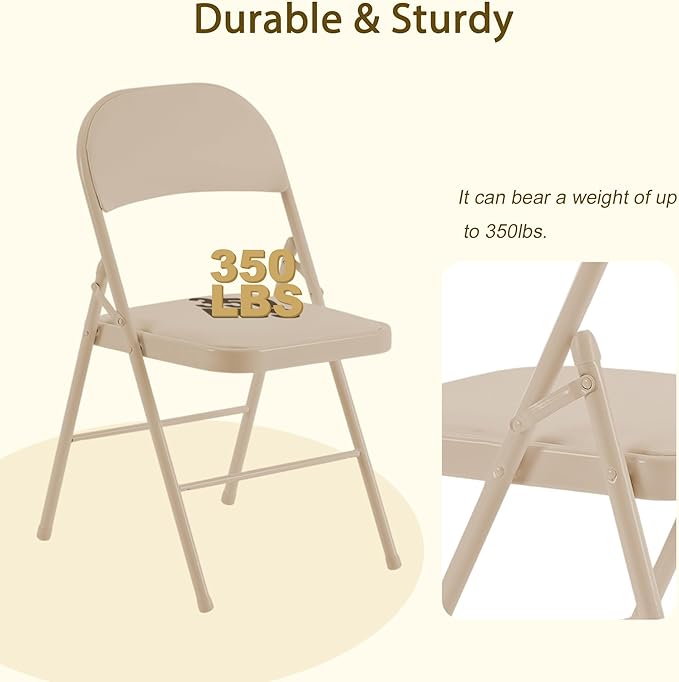 10 Pack Folding Chairs with Padded Cushion and Back, Khaki Portable and Foldable Chairs with Durable Metal Frame for Indoor Outdoor Office Party Events Kitchen, 330lbs Capacity