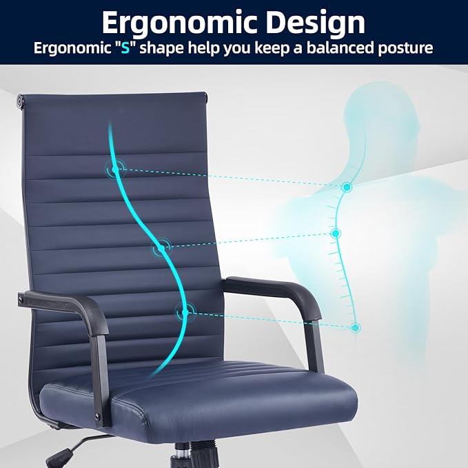 Office Chair, Ergonomic Executive Conference Room Chairs, Ribbed Leather Desk Chair with Lumbar Support, Adjustable Height Mid-Back Swivel Chair with Padded Seat and Square Tube Armrests