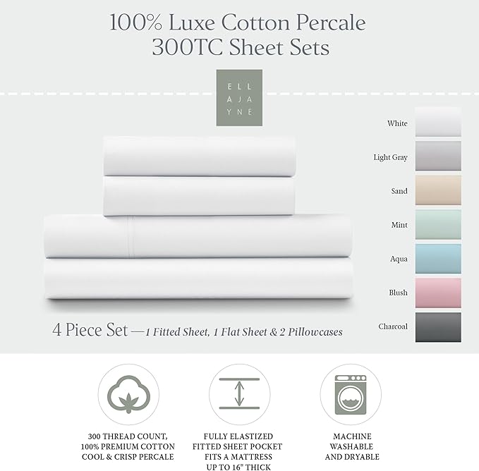 Ella Jayne Percale Sheets Queen (4 Pieces), Permium 100% Cotton Percale TC300, Hotel Luxury Collection, Deep Pockets and Cooling Percale Sheets (White)