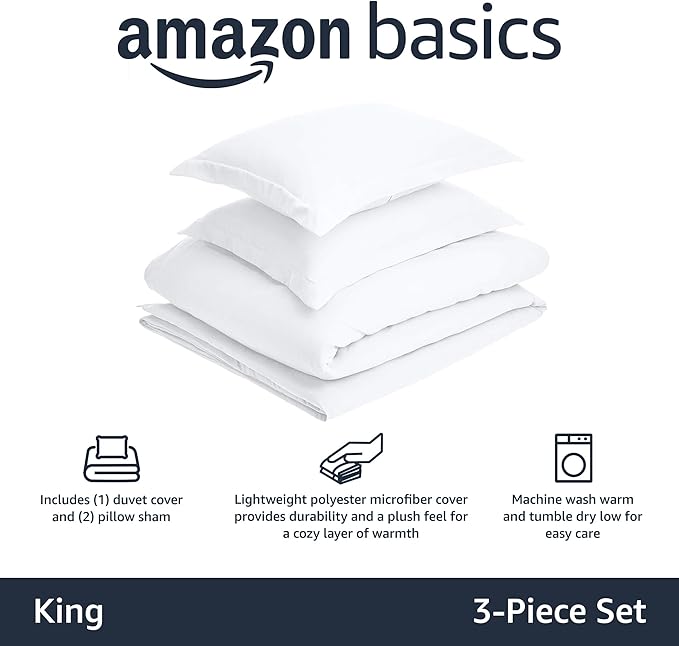 Amazon Basics Lightweight Microfiber 3 Piece Duvet Cover Set with Zipper Closure, King, Bright White, Solid