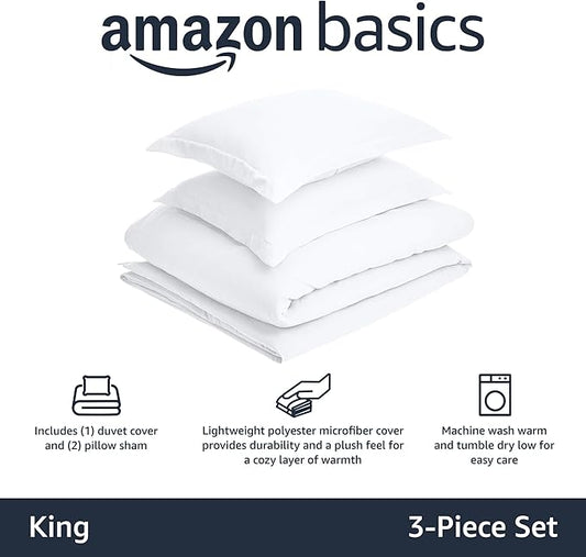 Amazon Basics Lightweight Microfiber 3 Piece Duvet Cover Set with Zipper Closure, King, Bright White, Solid