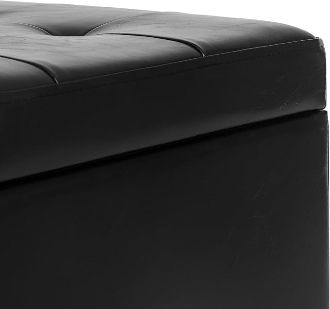 Leather Storage Ottoman with Hinged Lid, Square Foot Rest Stool Tufted Cube Footstool, Black