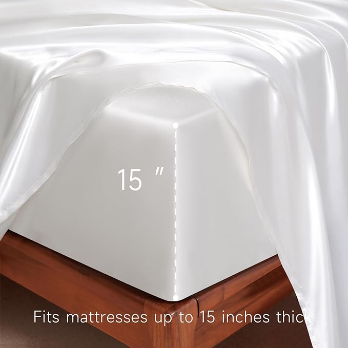 Satin Sheets California King Size - 4 Pieces Luxury Silky Soft Bed Sheets, Wrinkle-Free White Satin Silk Sheet Set with 1 Deep Pocket Fitted Sheet, 1 Flat Sheet, 2 Pillow Cases