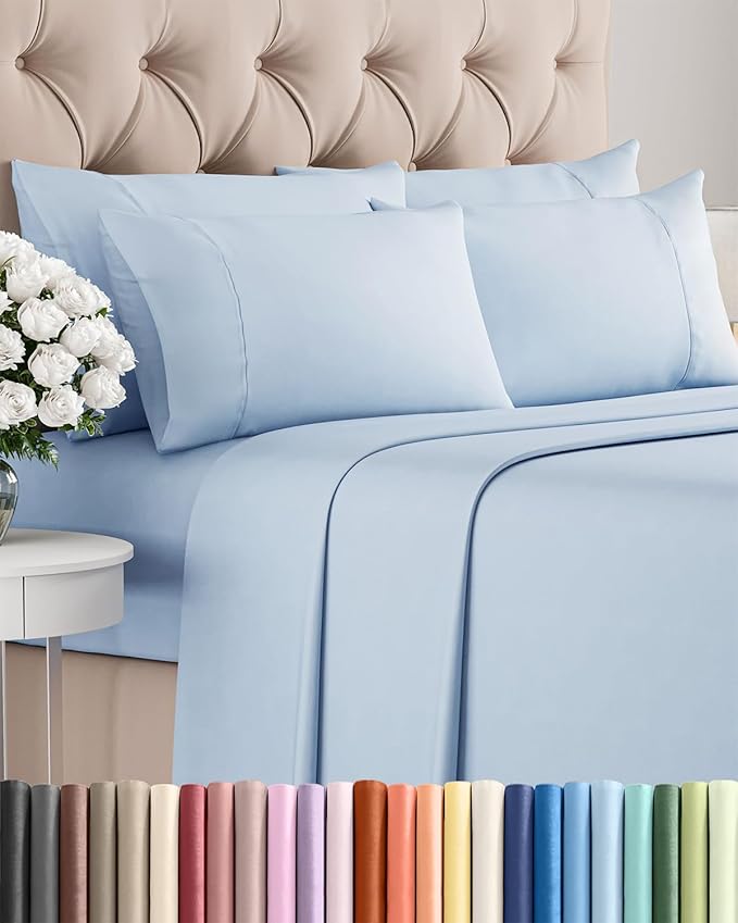 King Sheets Set 6 Piece - Includes 4 Pillowcases - Bed Sheets King Size - Soft Hotel Luxury Bedding - Cooling, Comfy, Cozy & Breathable - 1 Flat & 1 Fitted & 4 Pillowcases w/ Deep Pockets - Sky Blue
