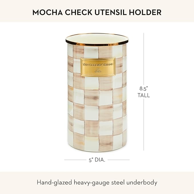 MACKENZIE-CHILDS Enamel Utensil Holder, Kitchen Utensil Holder for Countertop, Brown-and-White Mocha Check