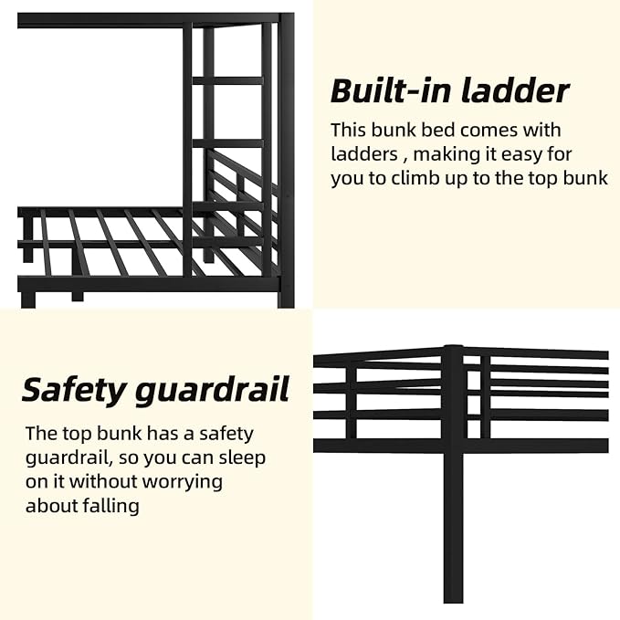 Full Over Full Bunk Bed, Metal Bunk Bed Frame Heavy Duty Bunk Beds Loft Bed Frame with Ladder and Guardrail Metal Slats No Box Spring Required for Adults Teens, Black