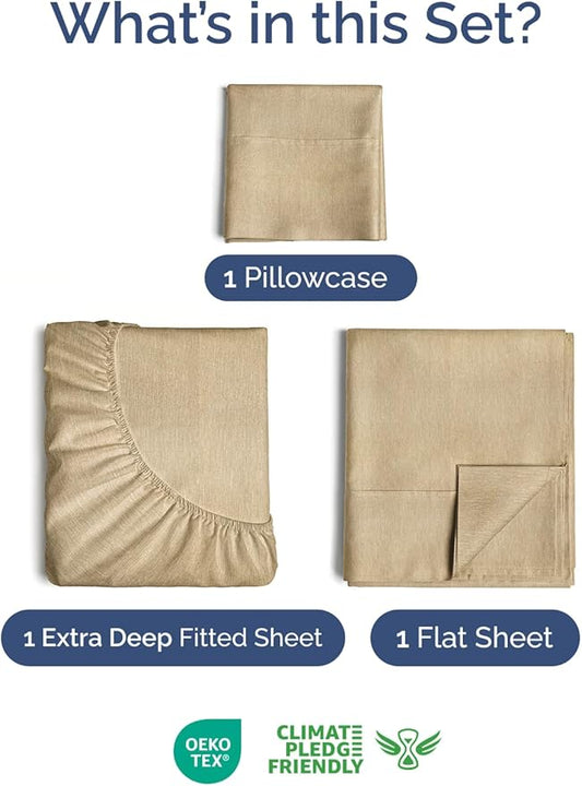 Extra Deep Pocket Twin Sheets - 3 Piece Breathable & Cooling Bed Sheets - Hotel Luxury Bed Sheet Set - Soft, Wrinkle Free & Comfy - Easily Fits Extra Deep Mattresses - Deep Pocket Heathered Tan Sheets