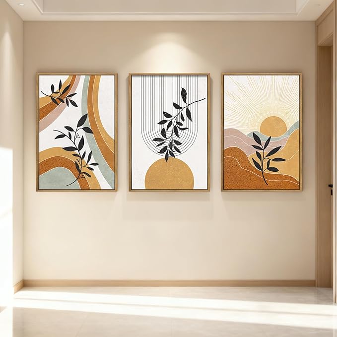 BINCUE Large Boho Framed Wall Art Painting Mid Century Modern Decor Prints for Living Room Bedroom Bathroom 16x24 Inch 3 Pieces