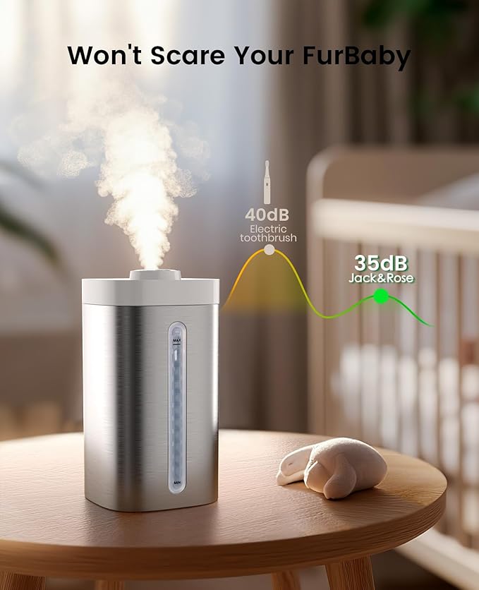 Jack & Rose Stainless Steel Humidifier, Easy to Clean, Dishwasher Safe, Cool Mist Humidifiers for Bedroom