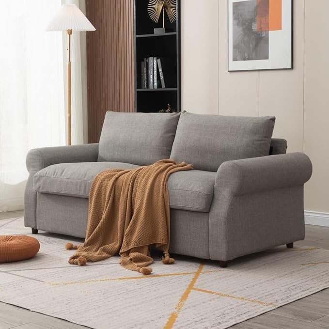 Panana Modern 2 and 3 Seats Loveseat Sofa Couch with Storage, Small Love Seat Couches for Living Room, Bedroom, Apartment, Office (Light Gray Linen Fabric, Scroll Arm - 2 and 3 Seater Set)
