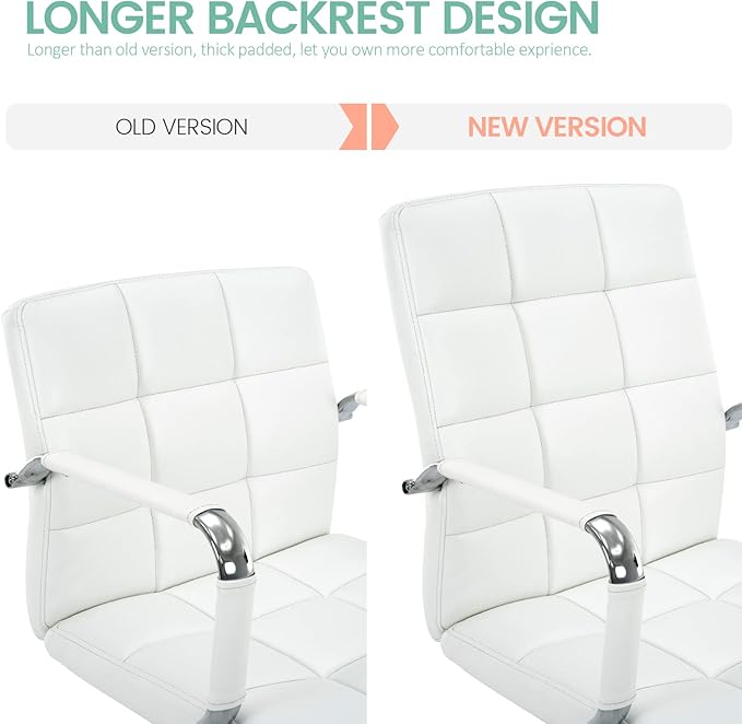 High Back Desk Chair, Modern PU Leather Home Office Task Chair with Arms, Adjustable Swivel Computer Executive Chair with Wheels (Pearl White)