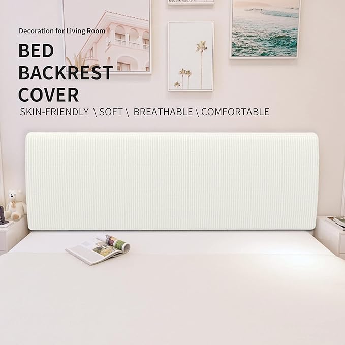 Easy-Going Stretch Bed Headboard Slipcover, Small Square Jacquard Furniture Cover, Dustproof Protector Cover for Bedroom Decor (Full, Cream)