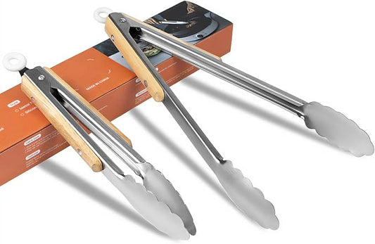 Stainless Steel Kitchen Tongs with Oak Wood Handle - Heat Resistant, Heavy Duty Locking Tongs for Cooking, BBQ, Salad, and Serving - Set of 2 (9" and 12") - Dishwasher Safe, Food Grade, No Rubber