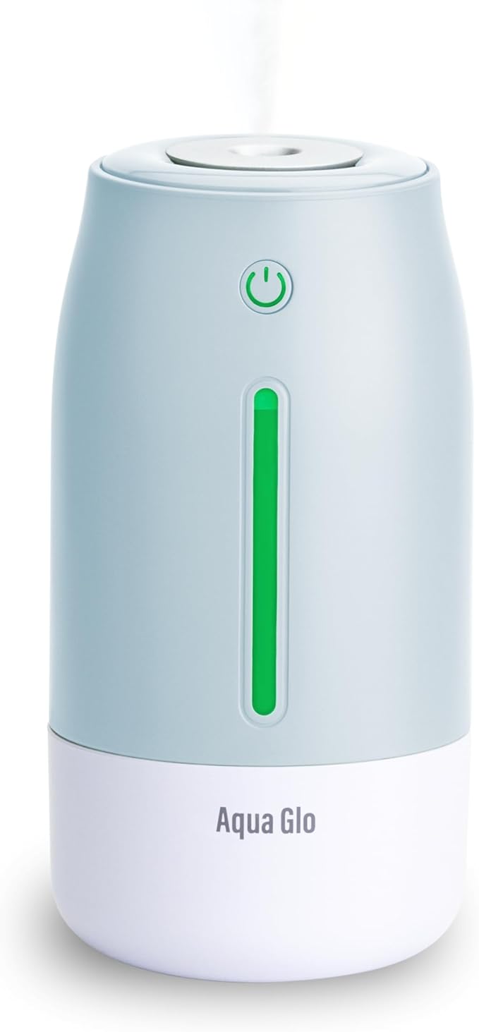 Aqua Glo Personal Humidifier – Ultrasonic Cool Mist, Rechargeable Battery for 15 Hours Use, 2-Cup Water Tank, Quiet Operation. Ideal for Travel, Office, Bedroom, Plants, and Home. Blue Mist