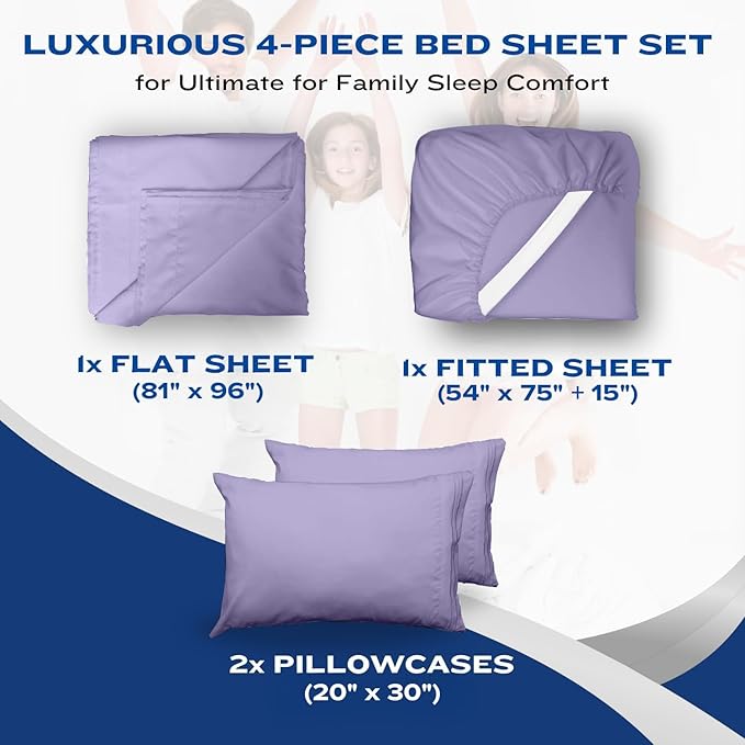 DREAMCARE Full Size Sheets Set - 4 Pcs Cooling Bed Sheets with Up to 15" Deep Pockets - Soft, Long-Lasting 100% Brushed Polyester with Side Pocket (Lavender) DREAMCARE