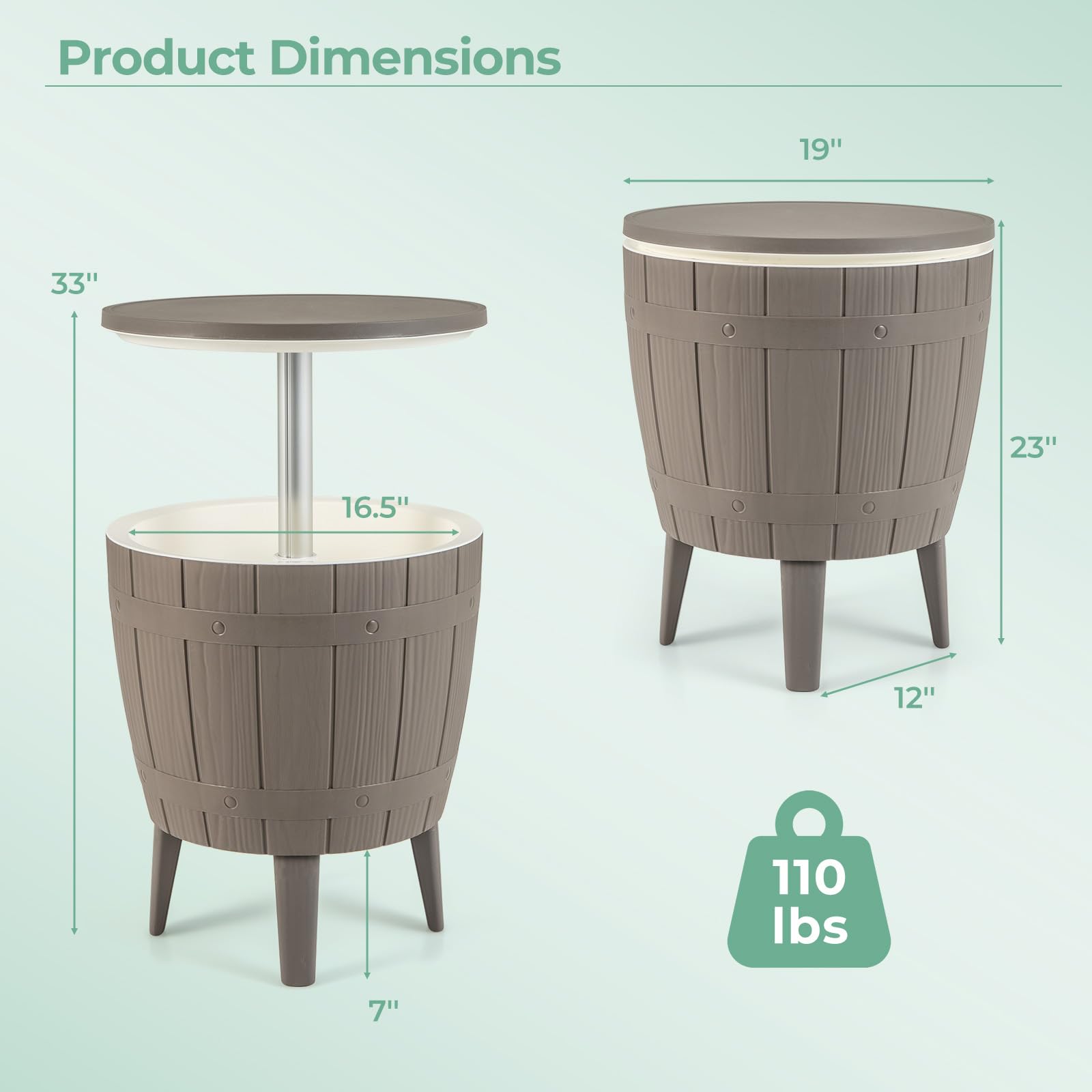Giantex Cooler Side Table Outdoor, 10 Gallon Ice Cooler with Drainage Plug, Adjustable Height, 3-in-1 Cocktail Patio Par Table for Beer Wine Storage, Deck Pool Backyard Party, Taupe (Wood-Style)