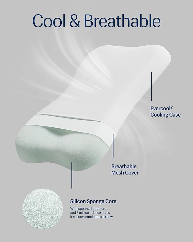 REST® Evercool® Cooling Pillow, Instant Cool-to-Touch Shell Fabric & Breathable Silicone Sponge Core for All-Night Temperature Regulation & Ergonomic Support, Low Height, Arctic White