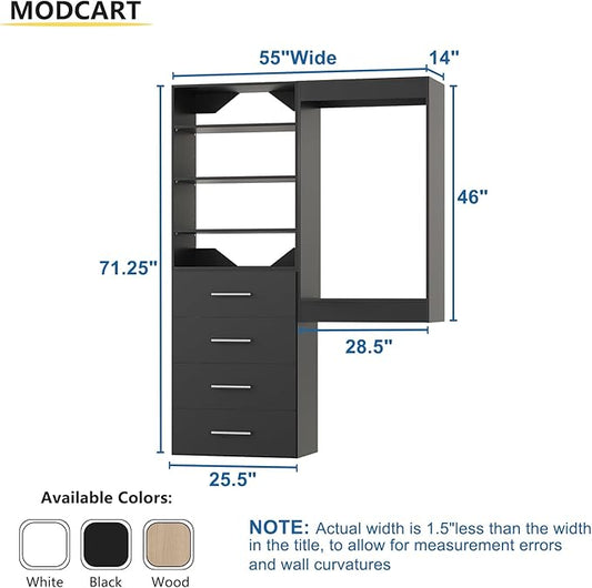 Modular Closet System, 55" Wide Organizer With Tower and Drawers, Wood Storage for Walk In Closets, Wall Mounted Wardrobe Kit, Bedroom, Black