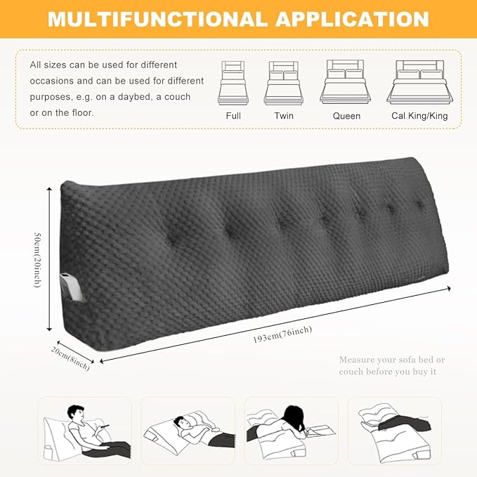 Large Triangular Headboard Wedge Pillow Soft and Supportive Headboard Backrest Positioning Support Bolster Cushion, Bed Wedge Pillow with Removable Cover(Black,King,76x8x20inch)