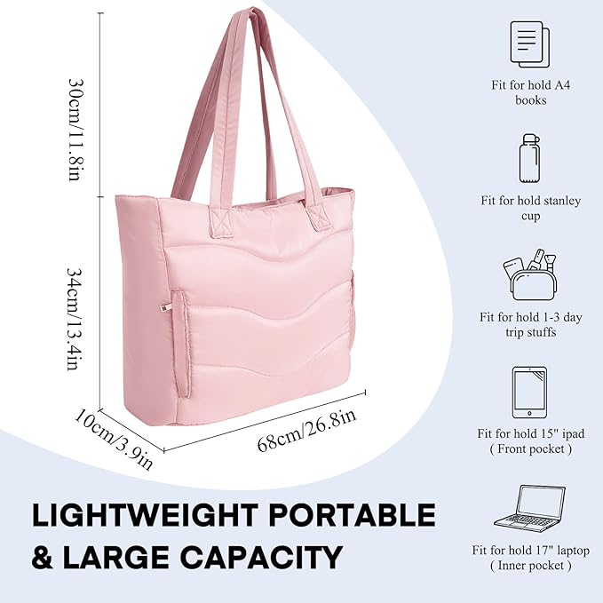 Skycase Puffer Tote Bag for Women - Lightweight Puffy Work Handbag- Large Laptop Quilted Shoulder Bag for Daily, Travel, Gym