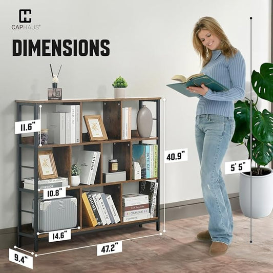 CAPHAUS 10 Cube Storage Organizer, 48” Wide 3 Tier Rustic Oak Industrial Open Shelf Bookcase, Display Shelf, Horizontal Bookshelf with Metal Frame, Wooden Board, for Living Room, Bedroom, Office