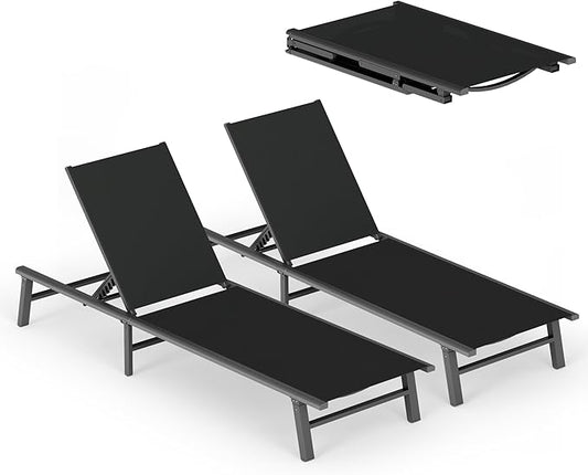 Ciokea Aluminum Outdoor Lounge Chair Set of 2- No Assembly Needed, Foldable Patio Chaise Lounge with 5 Adjustable Positions, Reinforced Frame for Extra Durability, Pool Beach Lounge Chair, Black