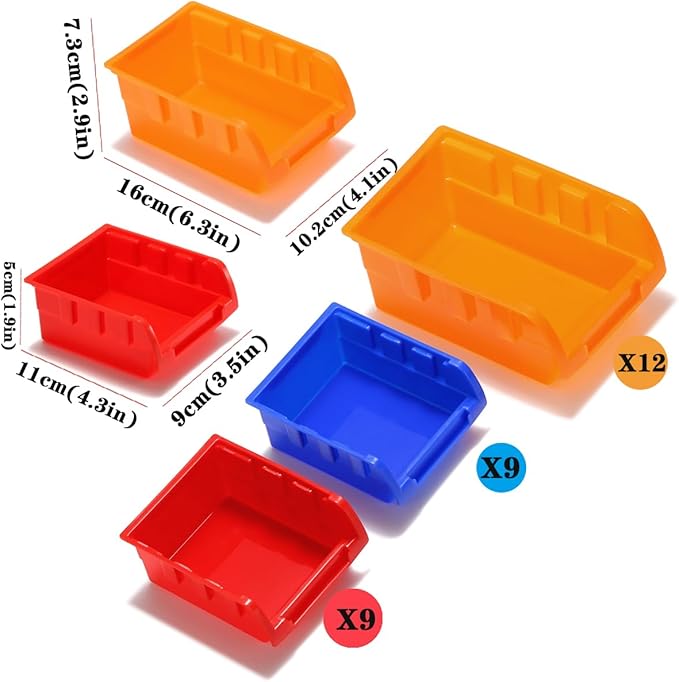 30-Bin Wall Mounted Storage Bins Kit, Tool Organizer Rack, Garage Hardware Organizer, 3 Color Parts Storage Bins, DIY Combination