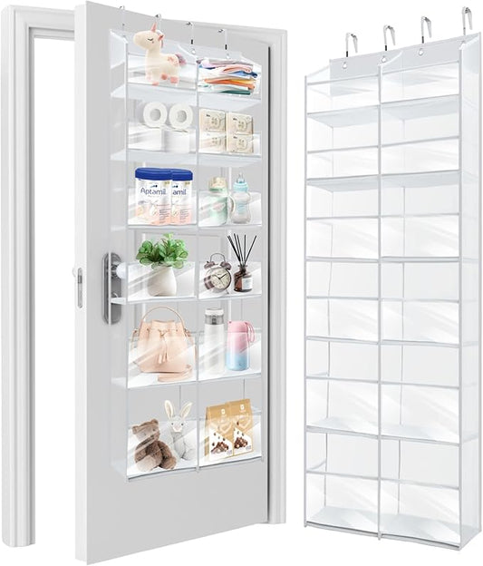 HOMELUX THEORY UPGRADED Over The Door Organizer Hanging - 100D EXTRA THICK & 50lbs HUGE CAPACITY 6Large Front & 12Side Pockets, Over The Door Shoe Organizer, Hanging Closet Organizer (Transparent XL)