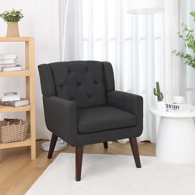 Accent Chair Button-Tufted Upholstered Living Room Chairs Comfy Reading Chair Mid Century Modern Chair with Linen Fabric Lounge Arm Chairs for Living Room Bedroom (Grey)