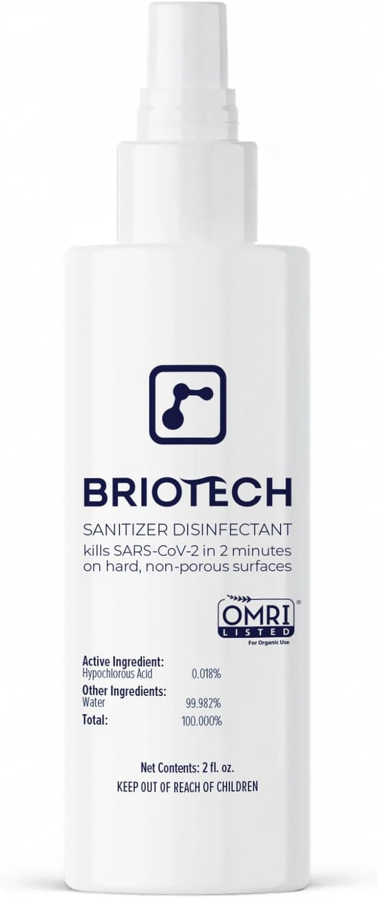 BRIOTECH Sanitizer Disinfectant Hypochlorous Spray, Kill 99.99% of Viruses & Bacteria, Control Mold, Eliminate Odor, Gentle for Nurseries, Food Contact Surface Sanitizer, 2 fl oz Travel Size