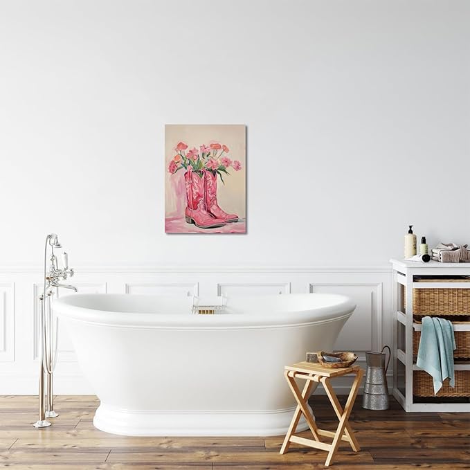 Julaydi Floral Cowgirl Boots Wall Art Pink Cowboy Boots with Flower Painting Western Aesthetic Canvas Prints Poster Trendy Preppy Girls Room Decor Picture for Living Room Bedroom Dorm 12x16in Framed