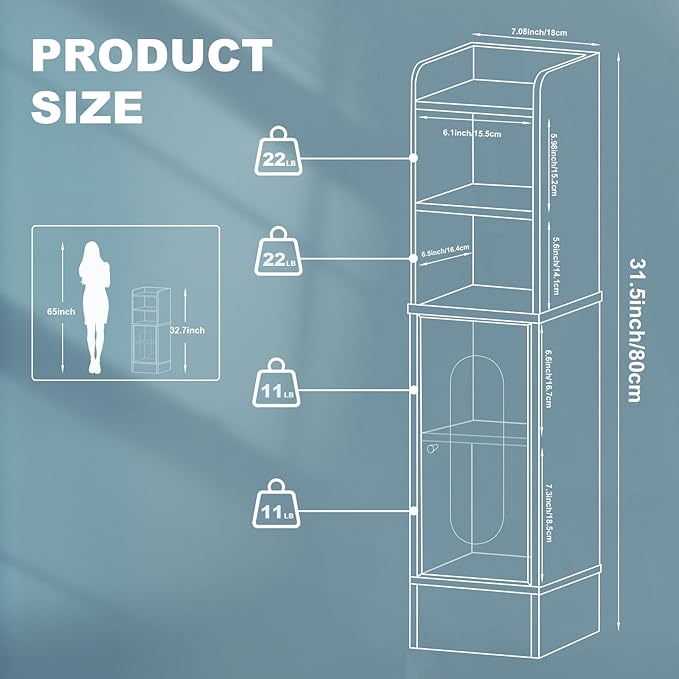 31.5" Small Bathroom Storage Corner Cabinet, Narrow Bathroom Cabinet Organizer with Doors and Adjustable Shelves, Slim Toilet Paper Holder for Small Space, Living Room (31.5" Tall, 1 Pack)