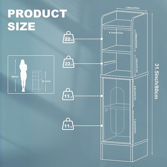 31.5" Small Bathroom Storage Corner Cabinet, Narrow Bathroom Cabinet Organizer with Doors and Adjustable Shelves, Slim Toilet Paper Holder for Small Space, Living Room (31.5" Tall, 1 Pack)