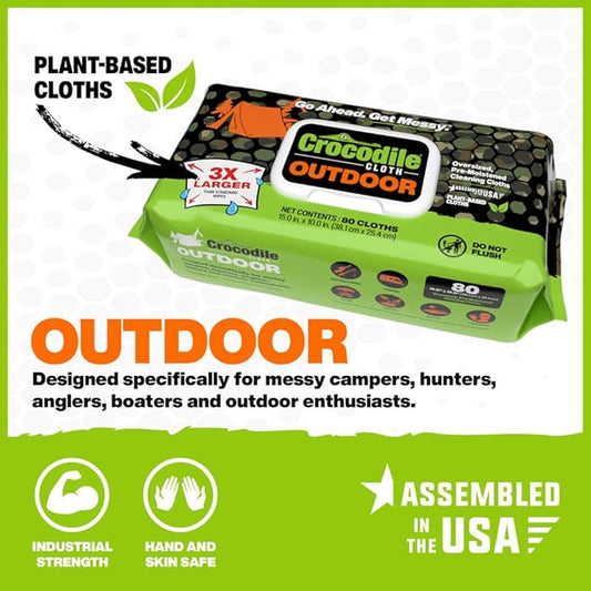 Crocodile Cloth Outdoor Cleaning Wipes – 80 Count Plant-Based Cloths (15"x10"), Skin Safe, Pre-Moistened, Aloe & Vitamin E Infused, Large, Absorbent, Multi-Surface Disposable Wipes