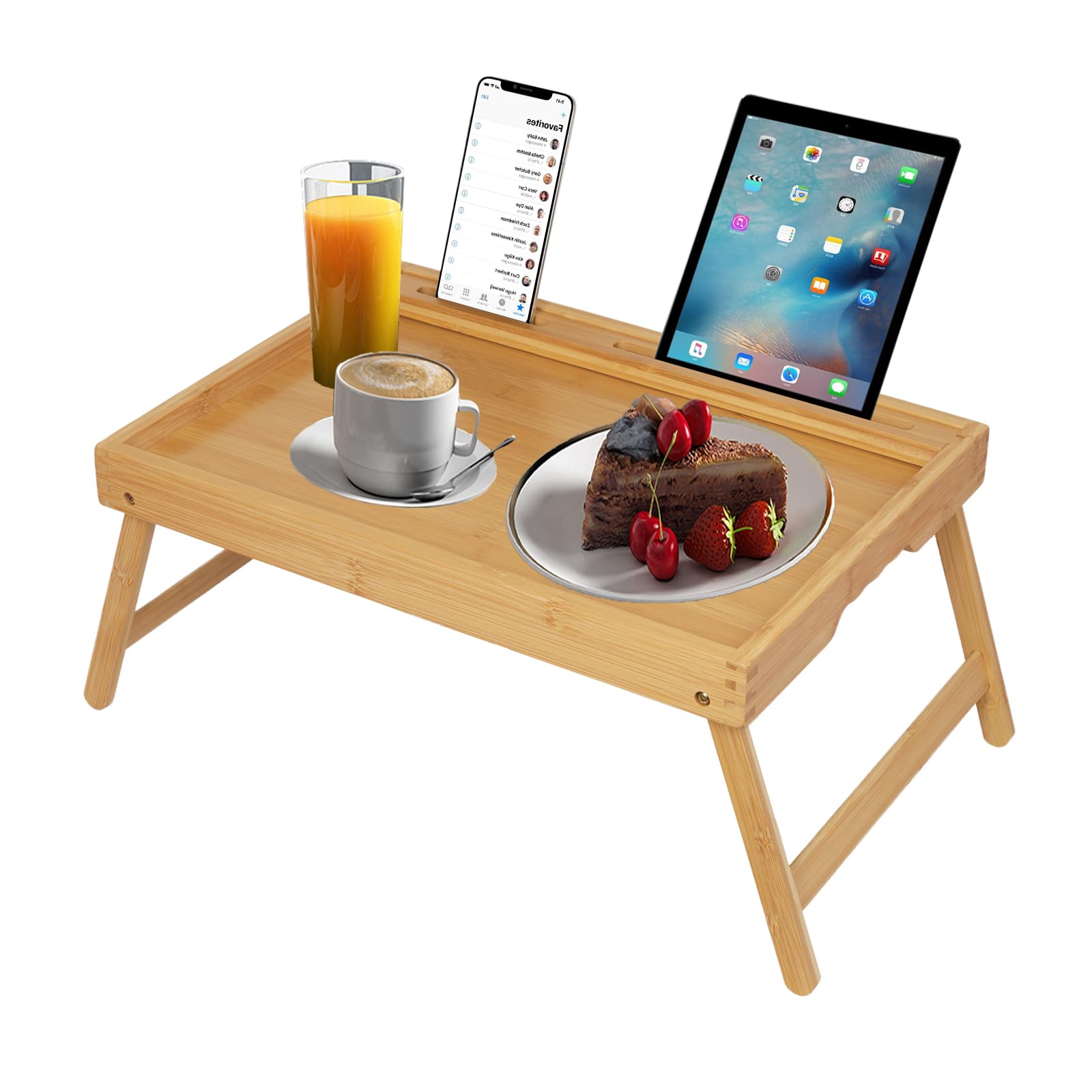 Bed Tray Table with Handles Folding Legs Bamboo Breakfast Food Tray with Media Slot for Platters,Laptop Desk,Snack,TV Tray Kitchen Serving Tray Dormly