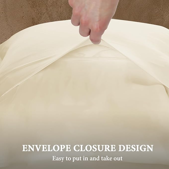 BHZ Beige Satin Goose Down Feather Pillows Queen Size Set of 2 with Pillowcase for Hair and Skin, Cooling Pillow Cases Similar to Silk Pillow Cases, Decorative for Women, Mom Men
