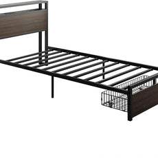 LIKIMIO Twin XL Bed Frames with Drawer, Storage Headboard with Outlets, No Box Spring Needed, Easy Assembly, Dark Brown