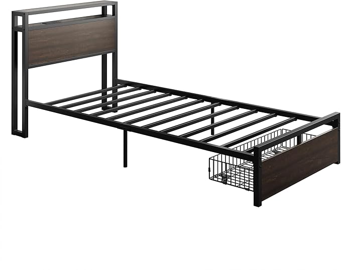 LIKIMIO Twin XL Bed Frames with Drawer, Storage Headboard with Outlets, No Box Spring Needed, Easy Assembly, Dark Brown