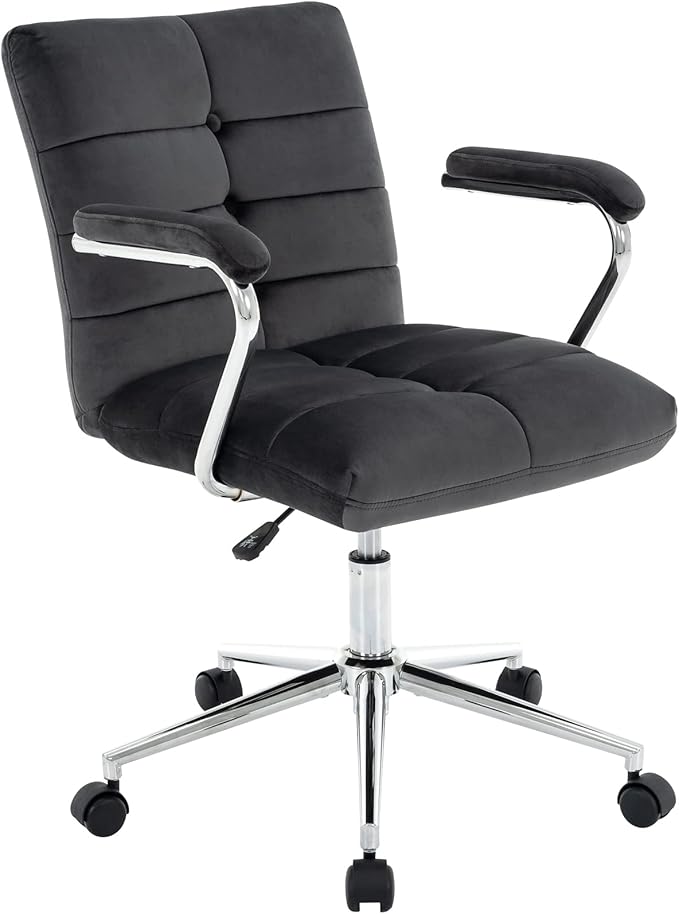 Velvet Home Office Desk Chair, Upholstered Adjustable Swivel Task Chair with Wheels, Tufted Mid-Back Computer Chair with Arms, for Study Living Room Vanity (Dark Grey)