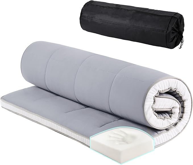 Tiita Memory Foam Mattress Topper Twin Size, 4" Thicken Futon Mattress with Storage Bag and 2 Straps, Portable Roll Up Travel Car Camping Mattress Floor Sleeping Pad, Grey