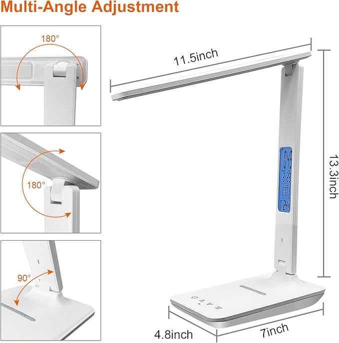 Desk Lamp with Wireless Charger, USB Charging Port, Dimmable Office Desk Light with Clock, Alarm, Date, Temperature, Foldable Lamp for Table Bedroom Bedside Office (White)