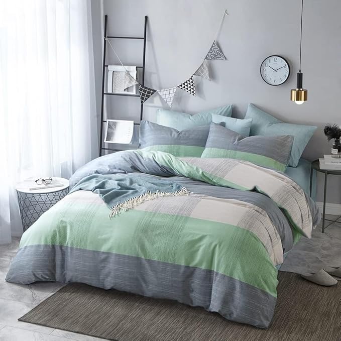 VM VOUGEMARKET Blue Patchwork Duvet Cover Set Queen Multi-Dimensional Design Modern Bedding Set Plaid Mint Green with Stripes Soft Cotton Comforter Cover with Zipper Closure-No Filling
