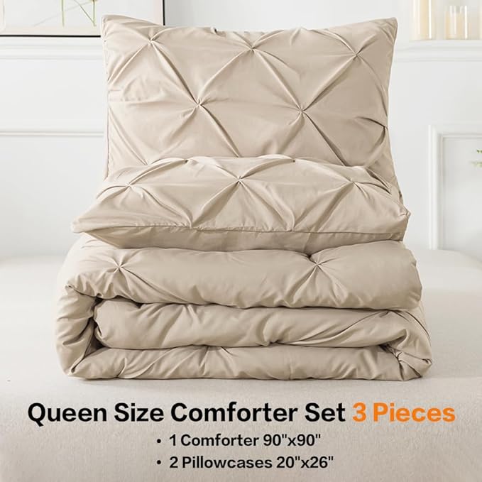 Andency California King Comforter Set Khaki (104x96Inch), Pinch Pleat Cal King Comforter Set 3 Pieces, Oversized King Pintuck Bed Comforter, Microfiber Down Alternative Comforter Bedding Set