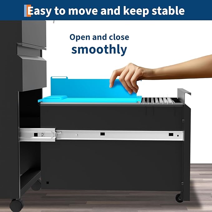 Three-Drawer Filing Cabinet Lockable Under-Desk Side Storage Cabinet Caster-Equipped Filing Cabinet Fits Legal/A4 Paper Sizes Adjustable Shelves Ideal for Office/Home Workspaces - Jet Black