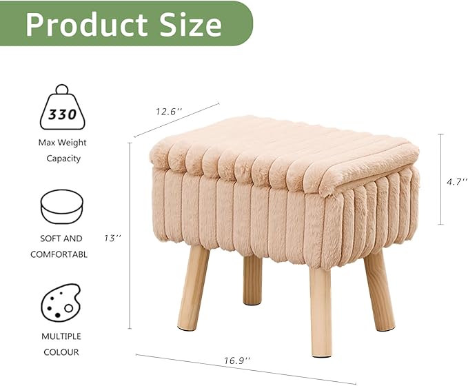 Wimarsbon Storage Ottoman,Soft Faux Fur Footstool with Padded Seat, Small Reading Vanity Chair, Footrest with Wood Tray for Couch, Mini Coffee Table or Display Stand (Beige, Rectangular Storage)