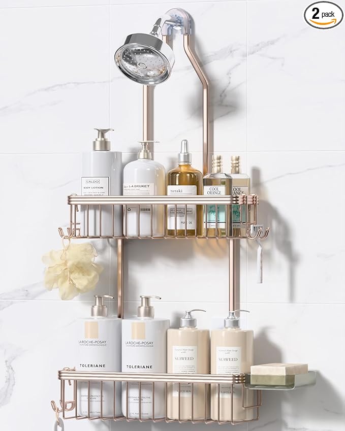 YASONIC Shower Caddy Hanging, Never Rust Shower Organizer Hanging, Aluminum Shower Racks for Inside Shower with Hooks for Razor, Bathroom Organizers and Storage with Soap Holder, Rose Gold