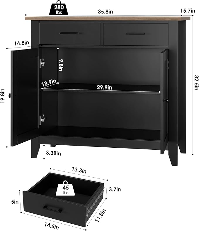 HORSTORS Kitchen Storage Cabinet, Modern Farmhouse Buffet Cabinet with Storage, Coffee Bar with 2 Drawers and 2 Doors, Floor Sideboard Buffet for Living Room, Dining Room, Bathroom, Black/Rustic Brown